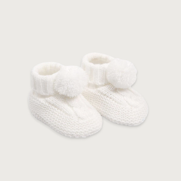 Cable Pom Booties - White