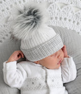White & Grey First Size Stripe Pom Hat - BERRY & BLOSSOMS